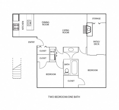 Floor plan for 2 beds, 1 bath, 890 sqft